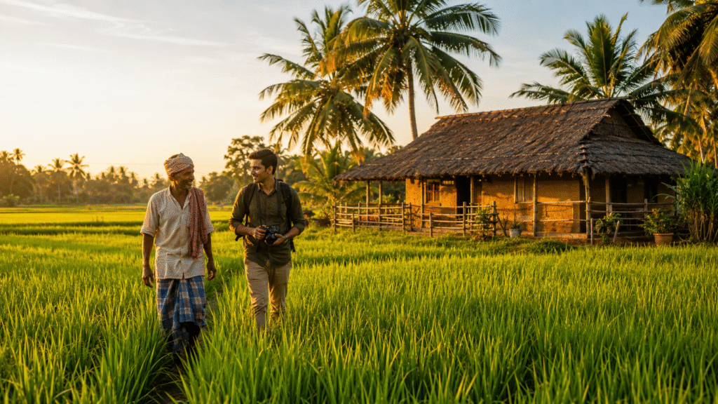 ai imagination of farmer and visitor walking through green paddy fields in rural odisha, india